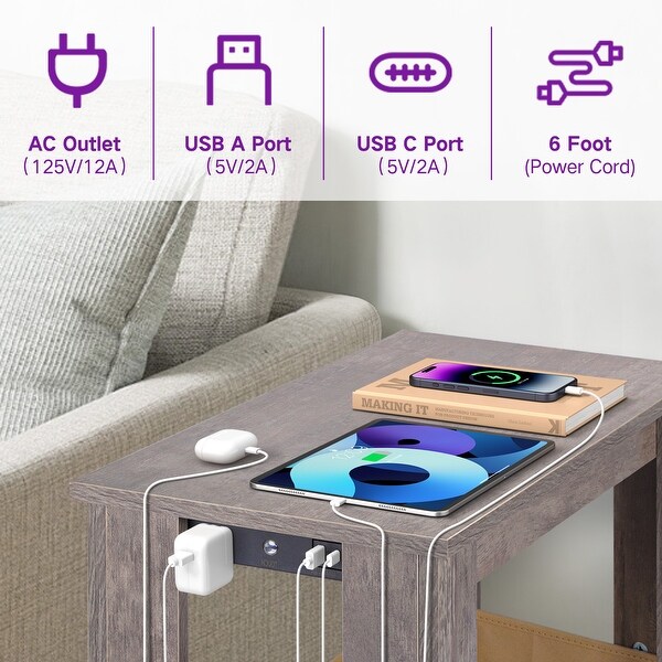 Side Table with LED Light and Charging Station ，USB Ports and Outlets，End Table