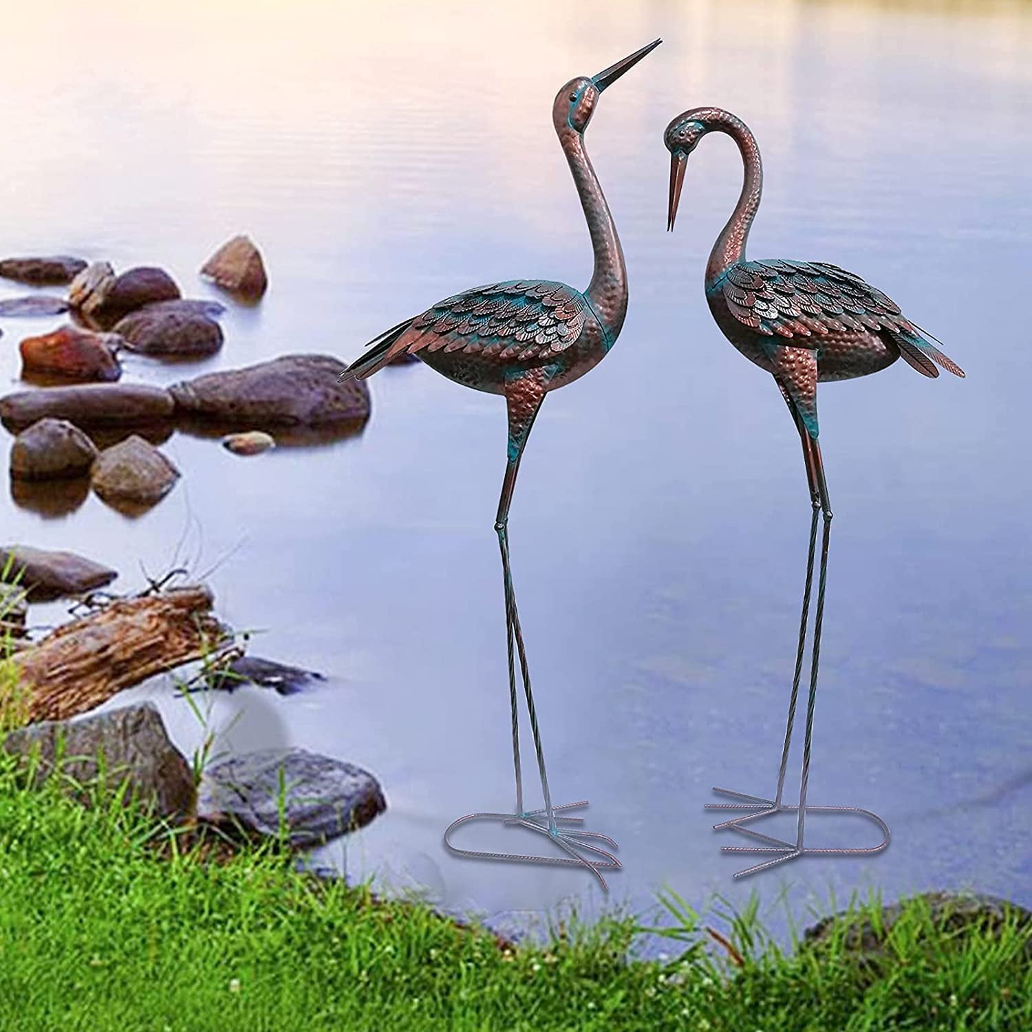 aboxoo Garden Crane Statue Decor ,Large Patina Heron Decoy and Standing Metal Sculptures Metal Outdoor Yard Art Statue for Lawn Patio Backyard Decoration, Set of 2