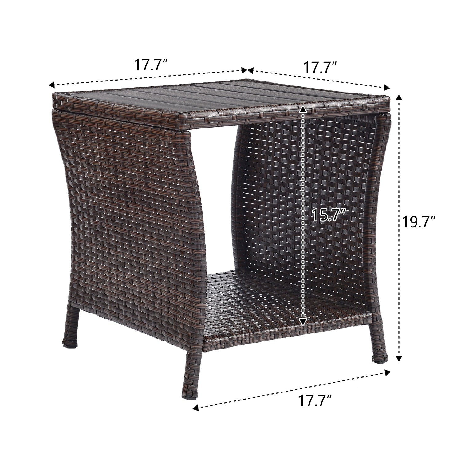 Outdoor Side Table for Patio Small Rattan Wicker Coffee Table Balcony Table Outside end Table with Poly Lumber Table top & Storage Bistro Table for Garden Pouch Deck Living Room Backyard Brown