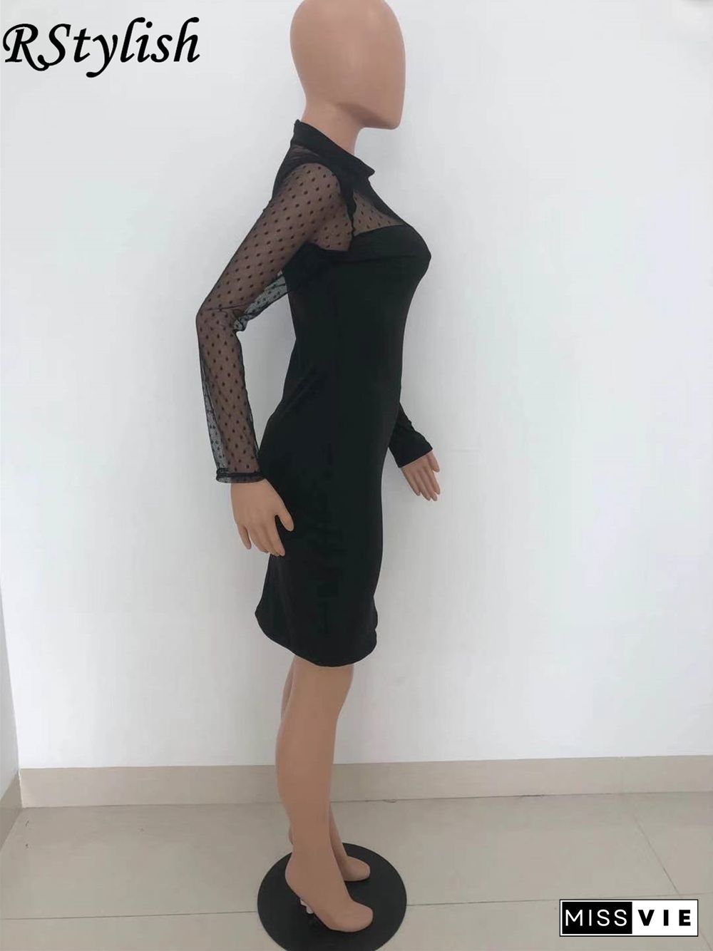 Sexy Mesh Splicing Long Sleeve Round Neck Bodycon Dress