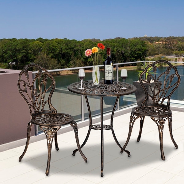 3Piece Cast Aluminum Patio Bistro Set Outdoor Furniture Tulip Design Antique Copper Finish RustResistant