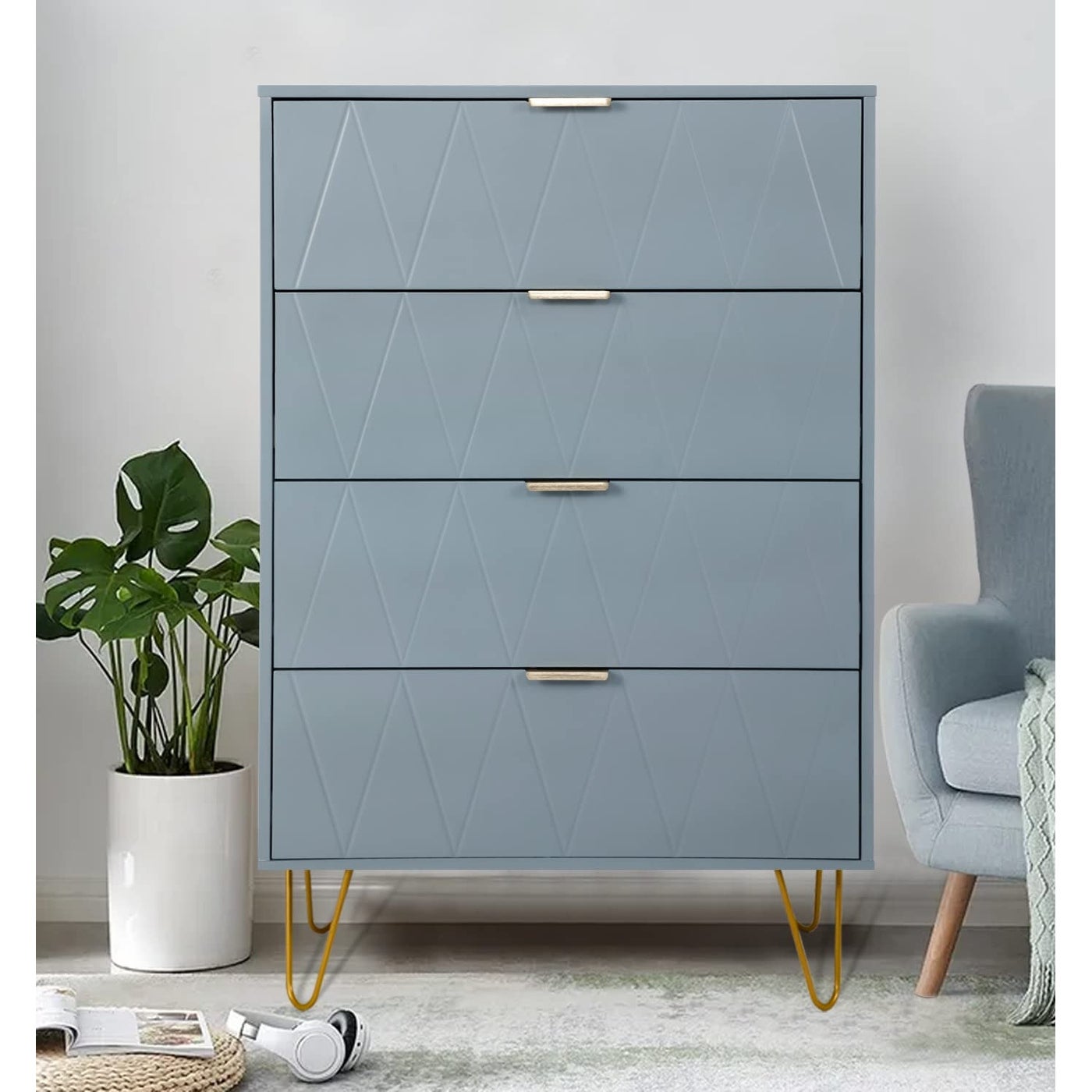 Blue Dresser for Bedroom with 4 Drawers， Modern Tall Chest of Drawer Wooden Storage Cabinet Organizer - as picture - - 37668913