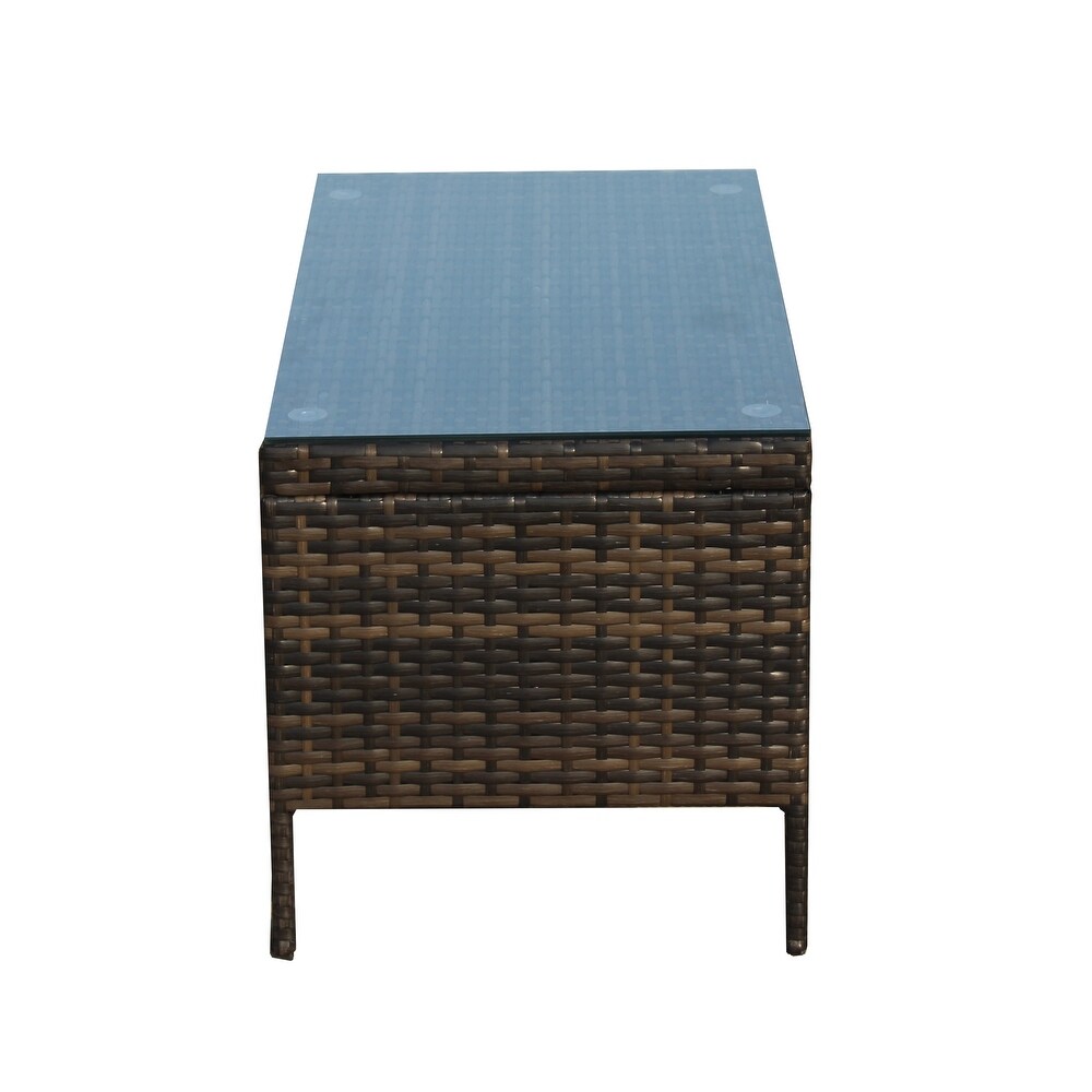 Outdoor Brown Wicker Coffee Table with Clear Tempered Glass