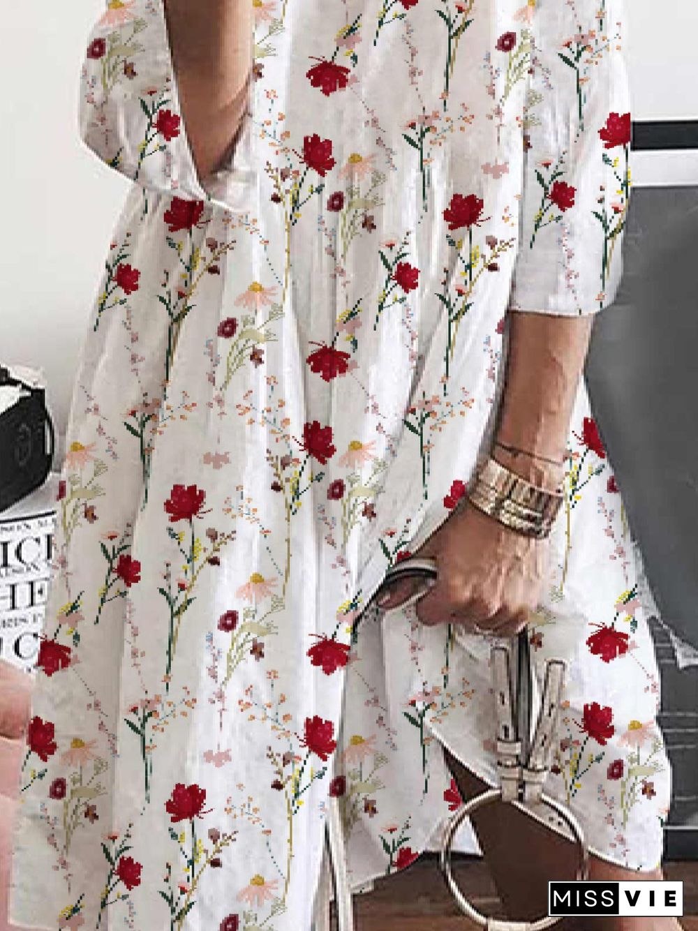 Casual Crew Neck Floral Loose Three Quarter Dresses