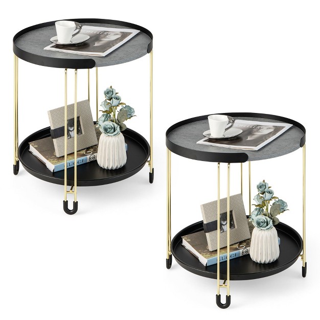 Tangkula 2pcs 2 tier Side End Table Round Nightstand Gold Frame For Living Room Bedroom