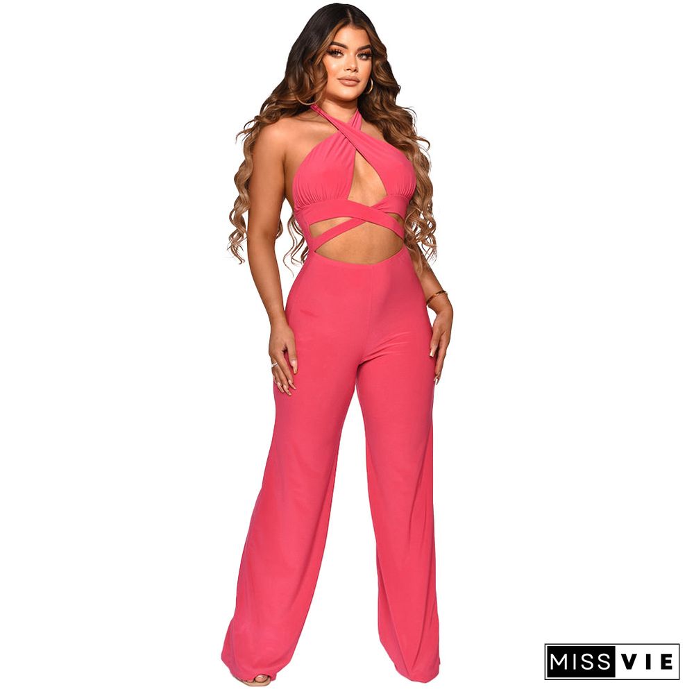 Cut Out Halter Neck Backless Wed Leg Jumpsuit