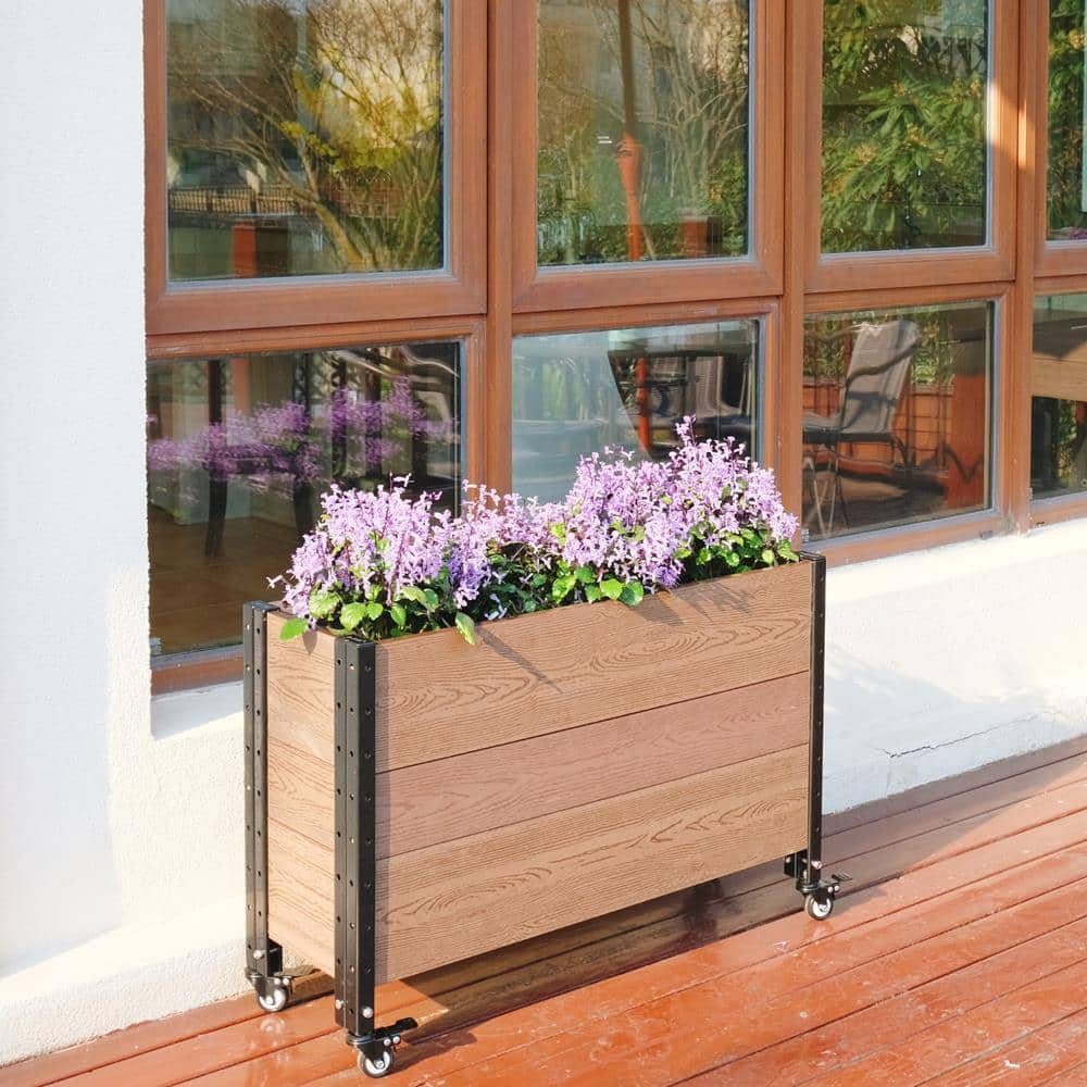 EverBloom 12 in. D x 24 in. Hx 36 in. W Brown and Black Composite Board and Steel Mobile Deep Trough Planter Box Raised Garden Bed K2112