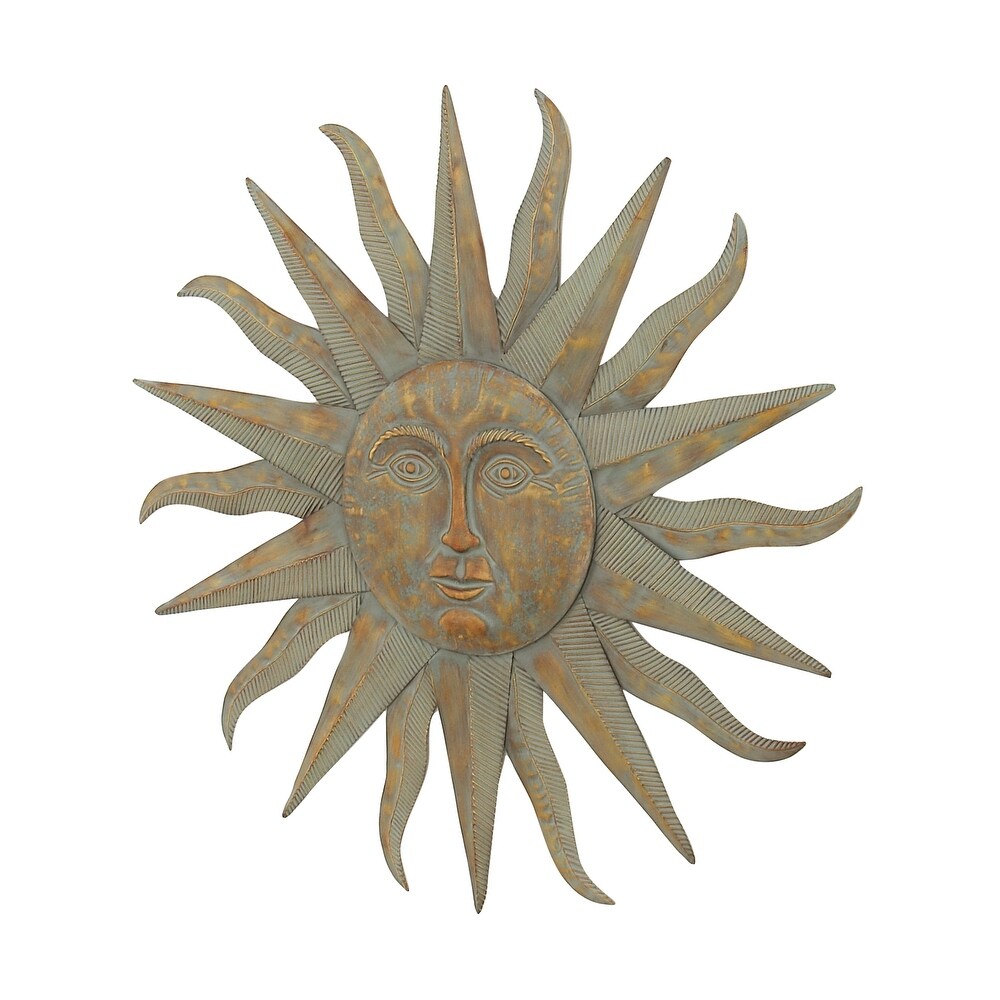 Gold Metal Indoor Outdoor Distressed Sunburst Wall Decor with Copper Like Accents and Grooves   35 x 1 x 35Round