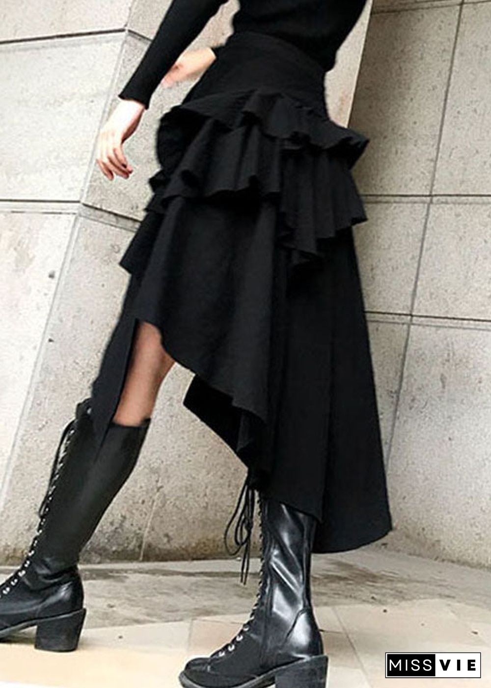 Stylish black button pockets Asymmetrical Skirts Spring