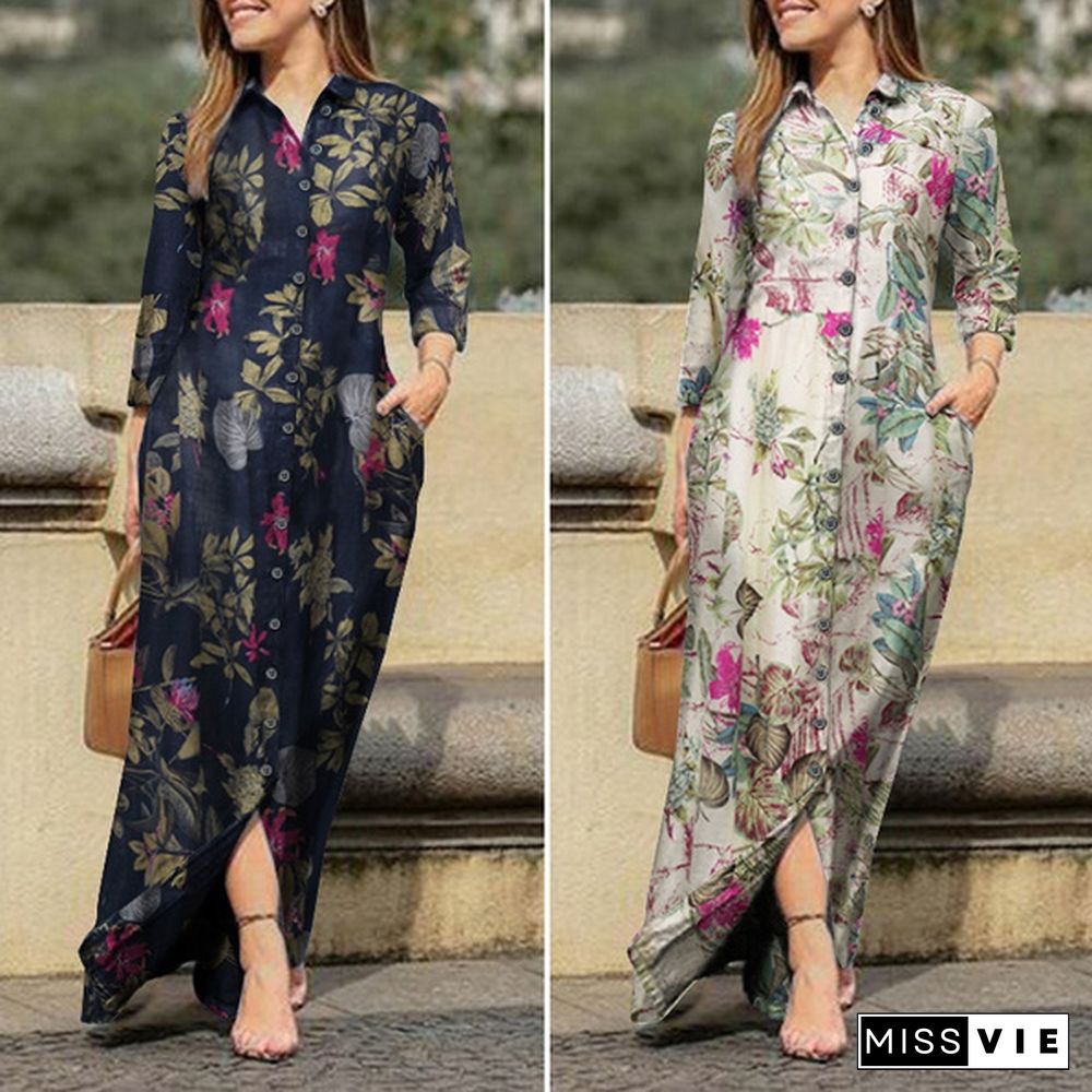 Women Holiday Casual Lapel Collar Long Sleeve Robes Longue Floral Print Cotton Dresses Button Up Shirts Long Maxi Vestido Plus Size