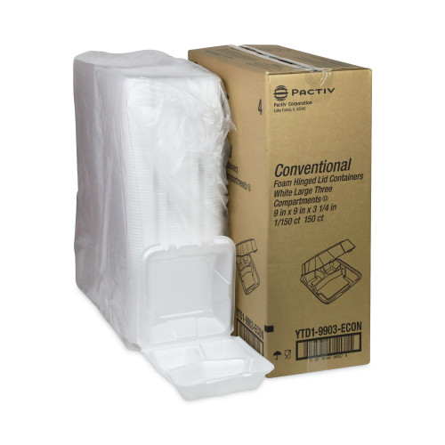 Pactiv Evergreen Vented Foam Hinged Lid Container， Dual Tab Lock Economy， 3-Compartment， 9.13 x 9 x 3.25， White， 150/Carton (YTD19903ECON)