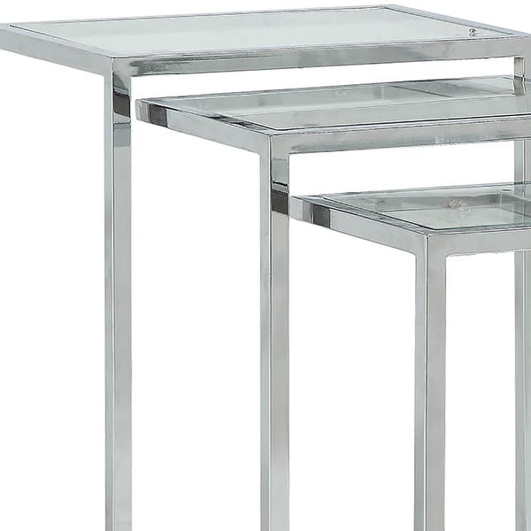 Set of 3 Silver Nesting Tables with Rectangular Glass Top 23.5