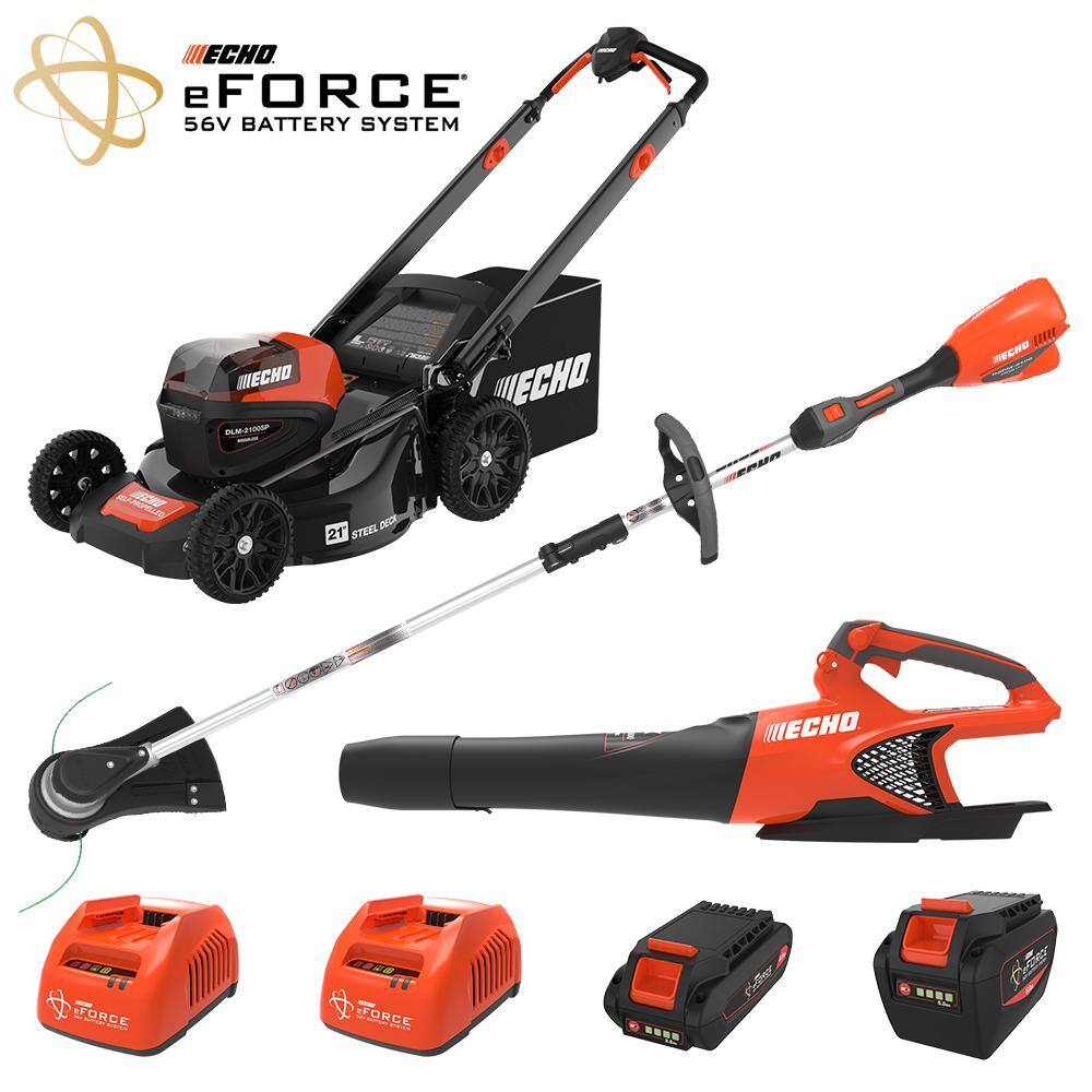 ECHO eFORCE 56V Cordless Battery Lawn MowerString Trimmer  Blower Combo Kit w 2.5Ah and 5.0Ah Battery and Charger (3-Tool) V-DABZAA