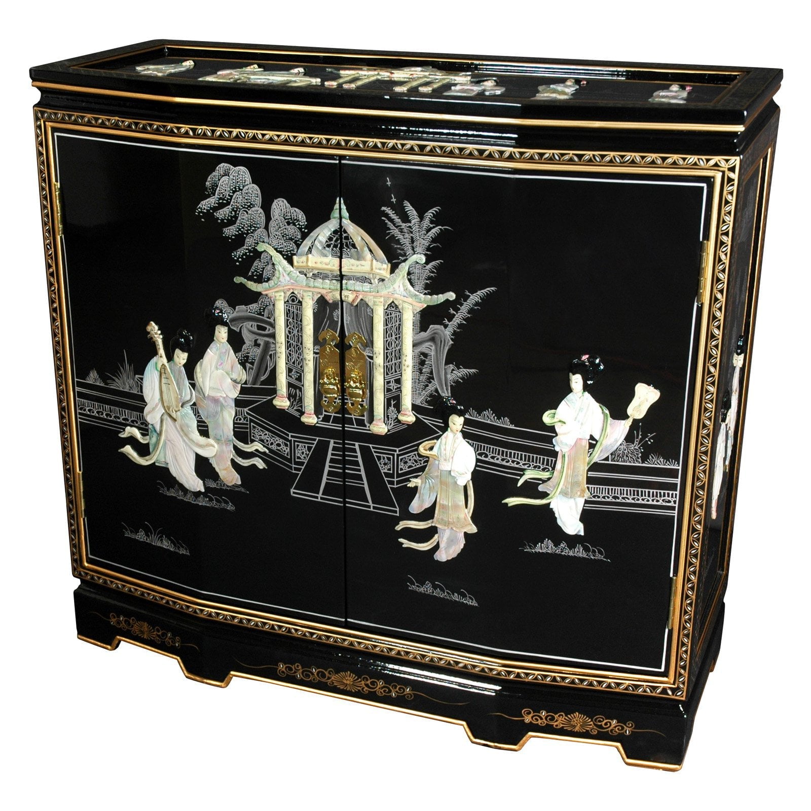 Oriental Furniture 32" Slant Front Cabinet, Ladies Design, Black.. Mother of pearl design, Traditional, lacquer