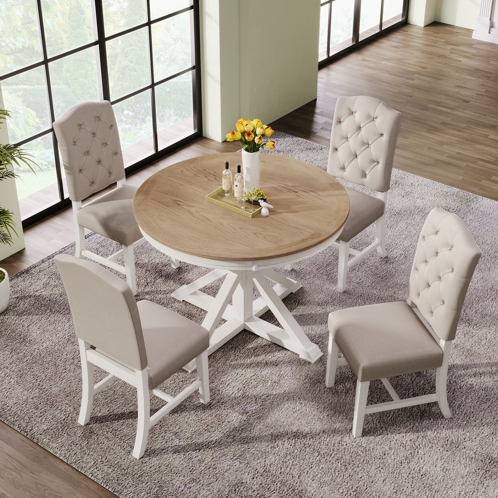 5 Piece Retro Style Dining Table Set with Extendable Table and 4 Upholstered Dining Chairs  Dining Set for 4