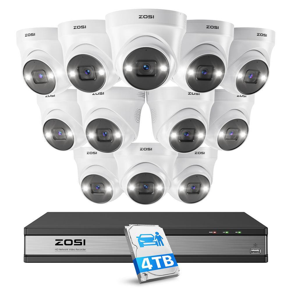 ZOSI 4K 16-Channel 4TB PoE NVR Security Camera System with 12 Wired 5MP Spotlight Cameras Color Night Vision 2-Way Audio 16SK-2255AW12-40-US-A2