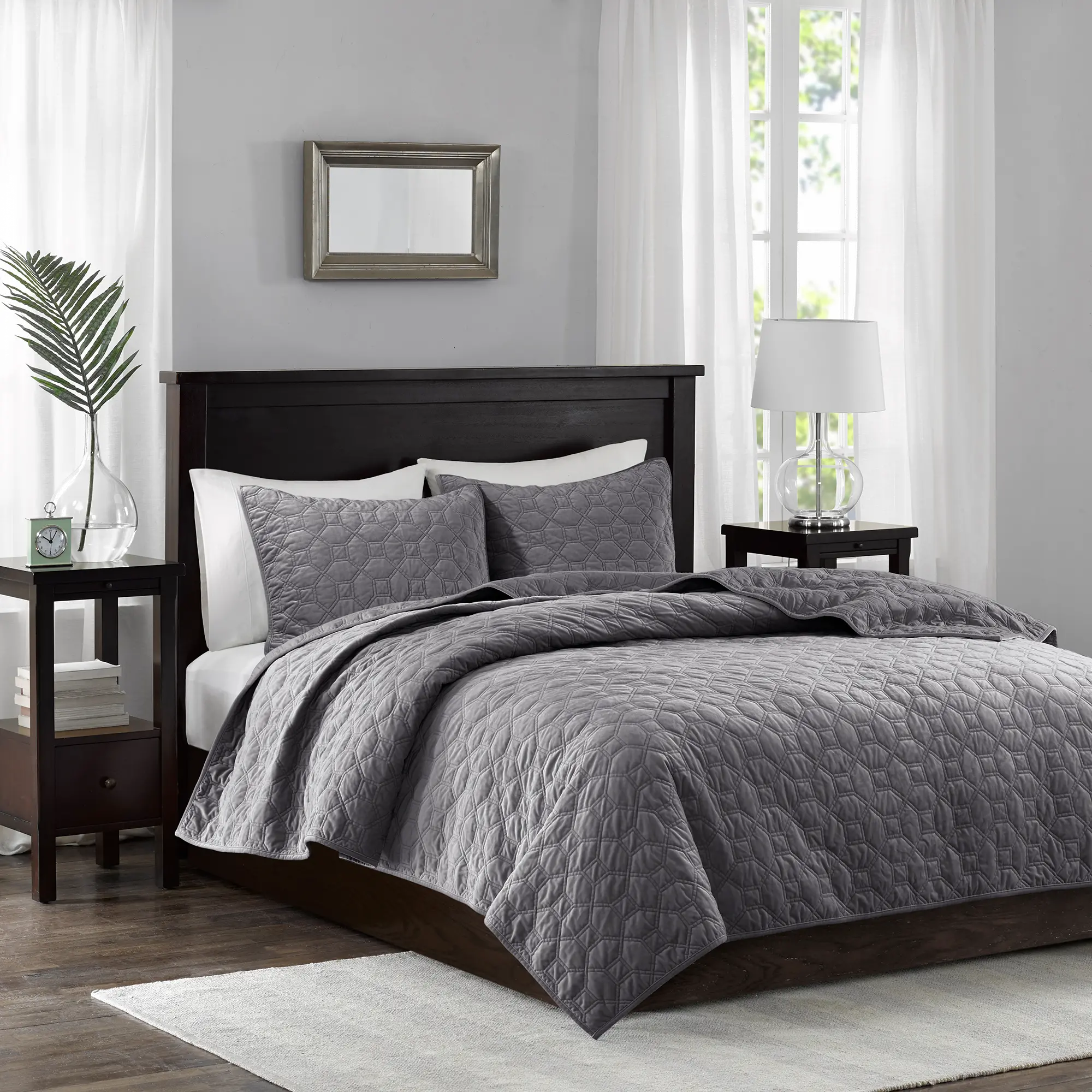 Harper Gray Velvet King 3 Piece Coverlet Bedding Collection