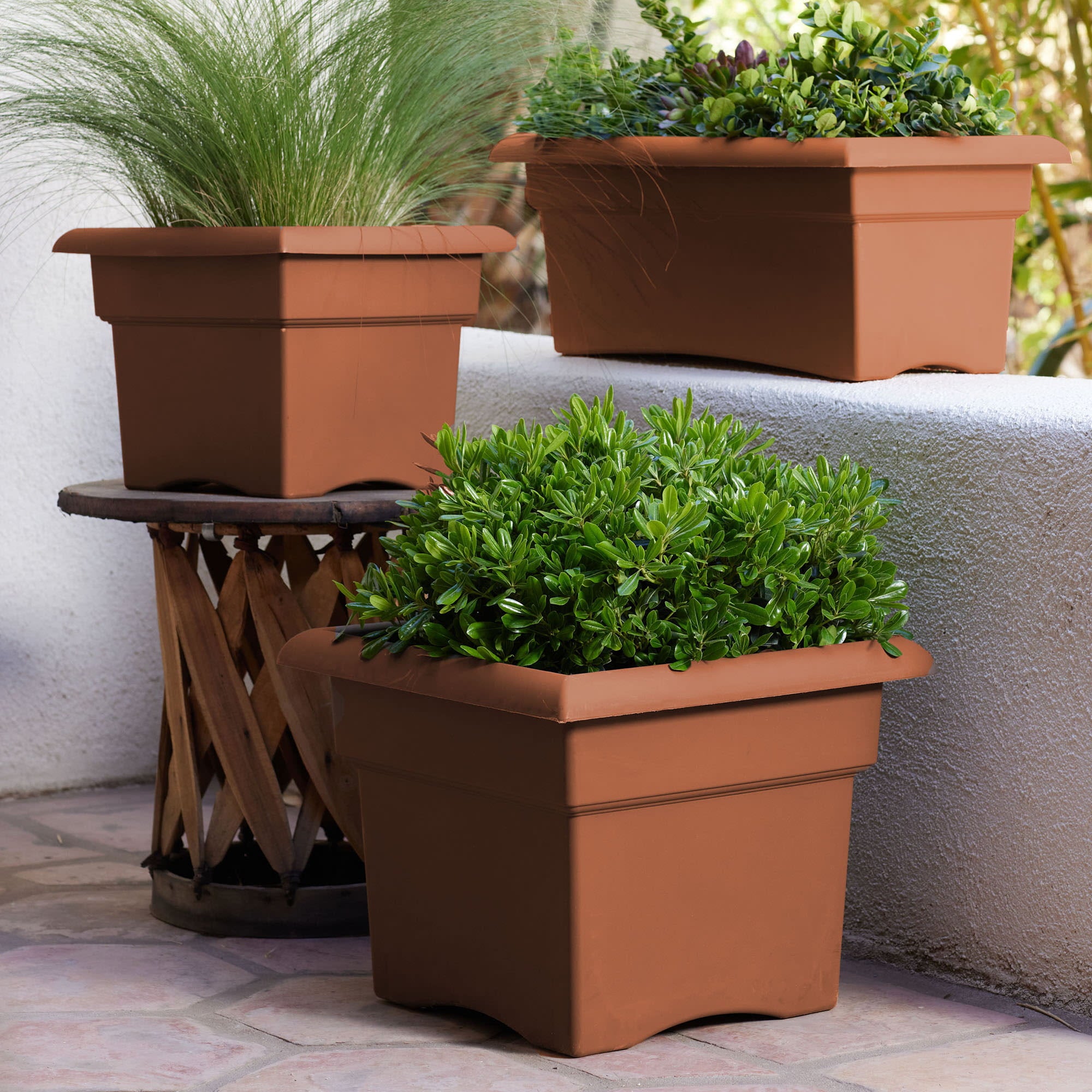 Bloem Veranda Square Deck Box Planter: 18" - Terracotta - Matte Finish, Weatherproof Plastic, Optional Drainage Holes, For Indoor and Outdoor Use, Gardening, 9 gallon capacity