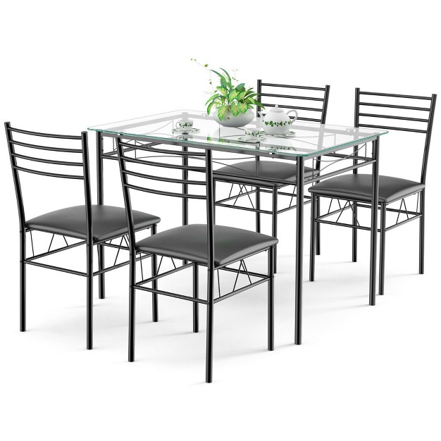 Costway 5 Piece Dining Set Glass Top Table amp 4 Upholstered Chairs Kitchen Room Furniture