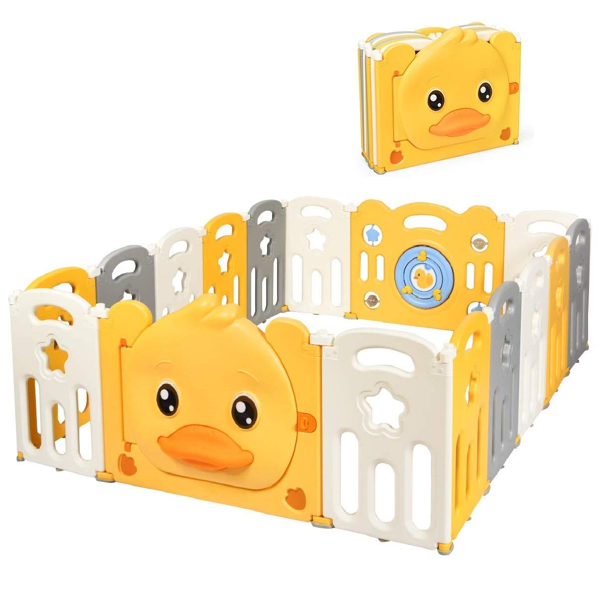 Costzon Baby Playpen, 12/14/16-Panel Portable Baby Play Yards with Yellow Duck Pattern