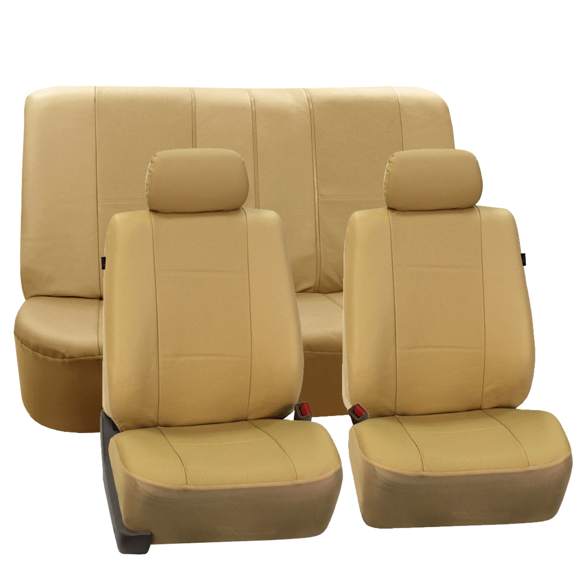 FH Group Beige Deluxe Faux Leather Airbag Compatible and Split Bench Car Seat Covers， 2 Headrest Full Set