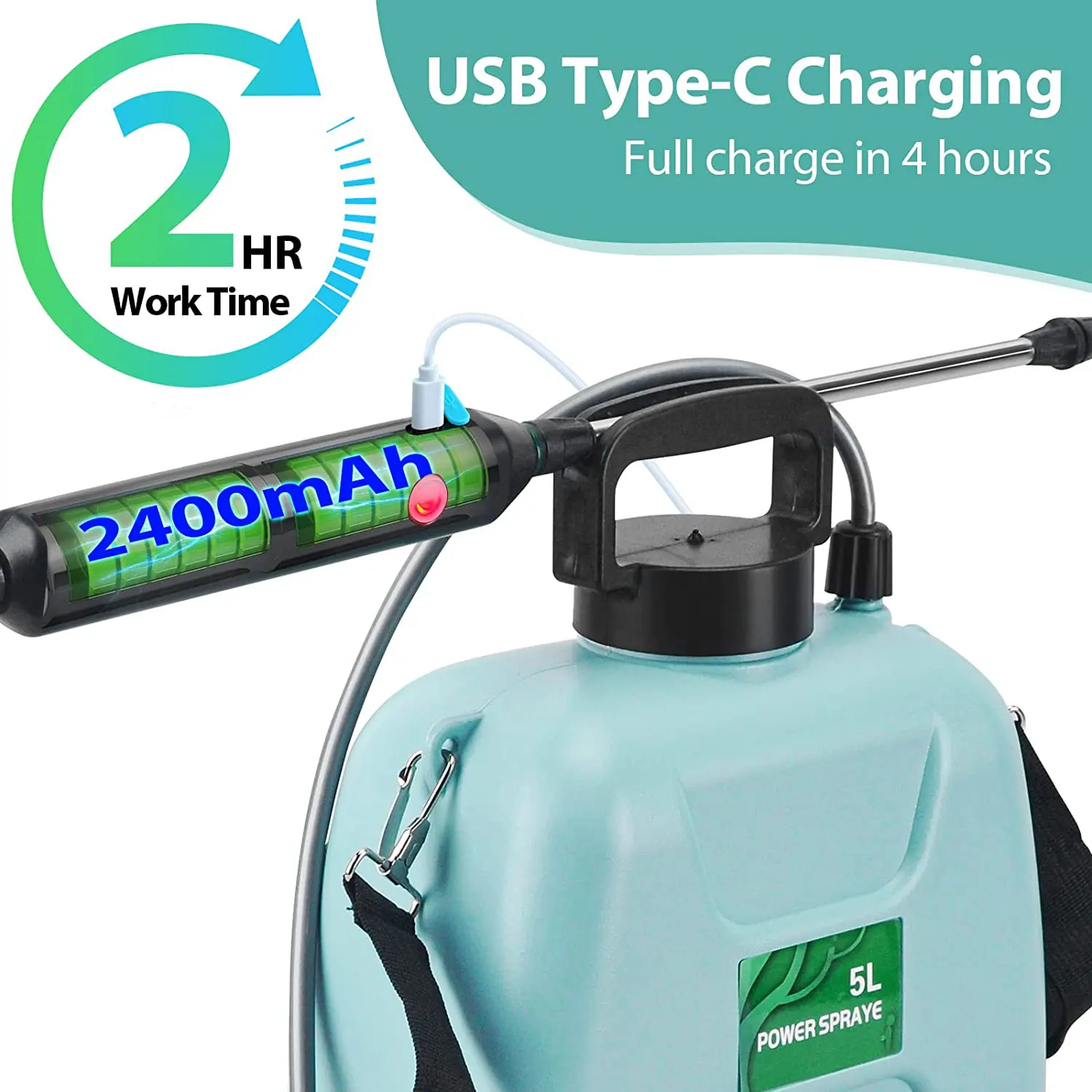 5L Battery Powered Electric Sprayer with USB Rechargeable Handle with Telescopic Wand Plant Sprayer for Yard Lawn Weeds