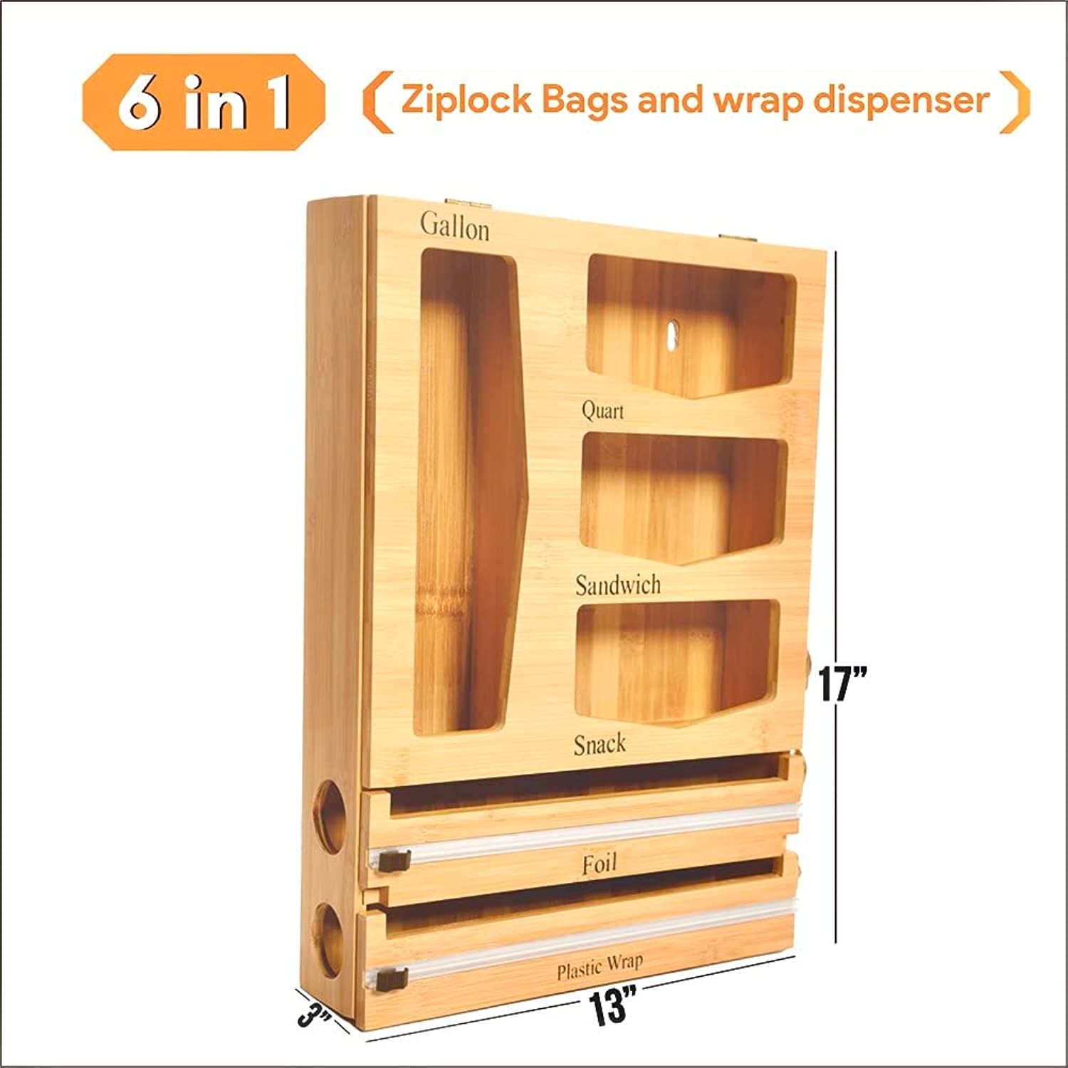 6 in 1 Bamboo ziplock bag organizer storage for kitchen drawer wall with foil and plastic