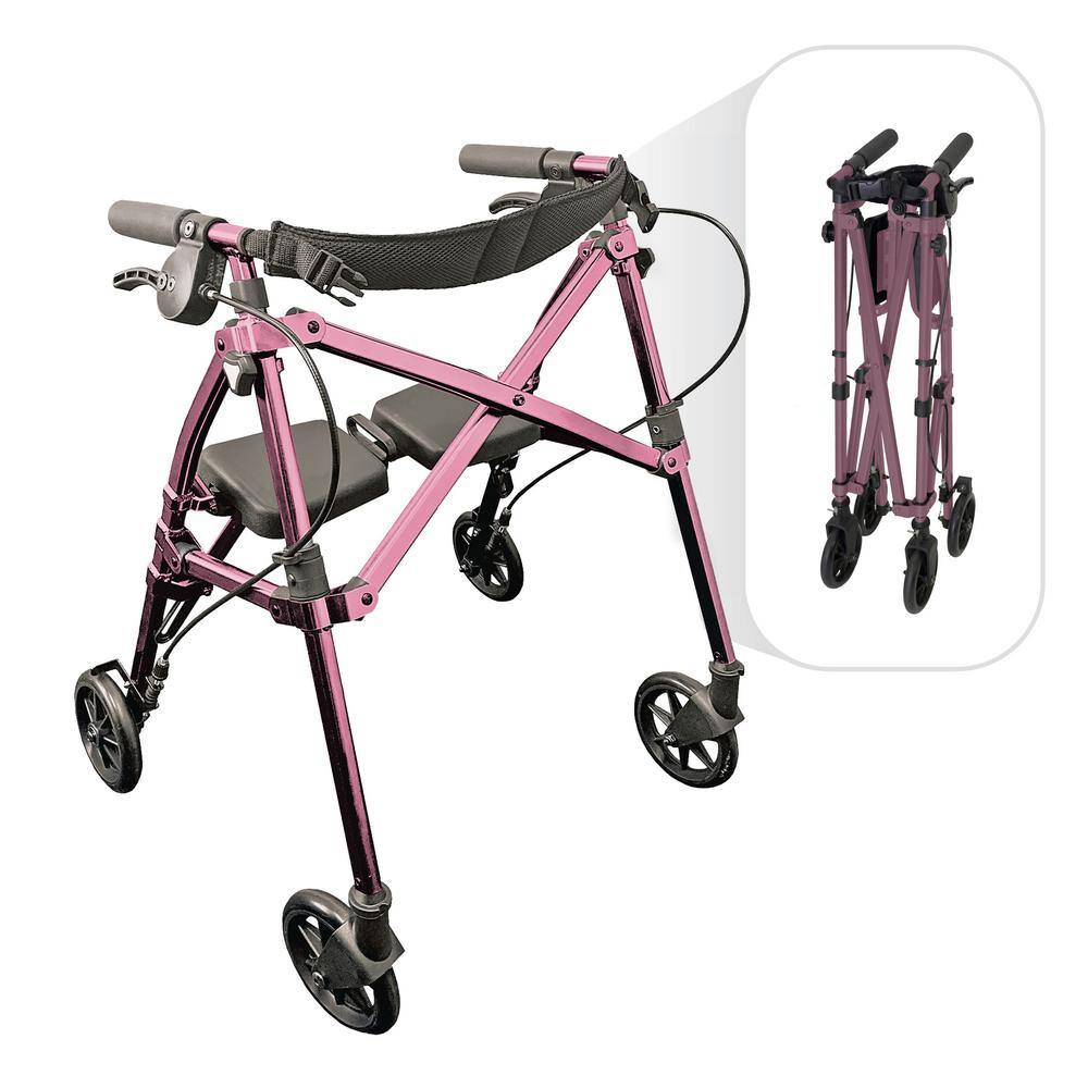 Stander Space Saver Short Lightweight Junior Folding 4-Wheel Walker Rollator for Seniors in Regal Rose 4230-RR