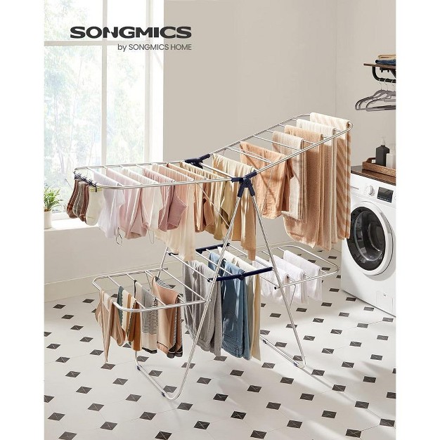 Songmics Clothes Drying Rack Foldable 2 level Laundry Drying Rack Free standing Large Drying Rack With Height adjustable Wings Silver And Blue