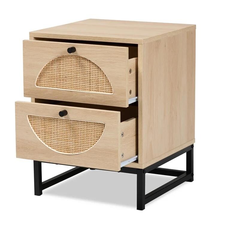 Modern Minimalism Rattan Nightstand  Wood Bedside Table with Two Drawers  Boho End Table  Side Table for Living Room  Bedroom