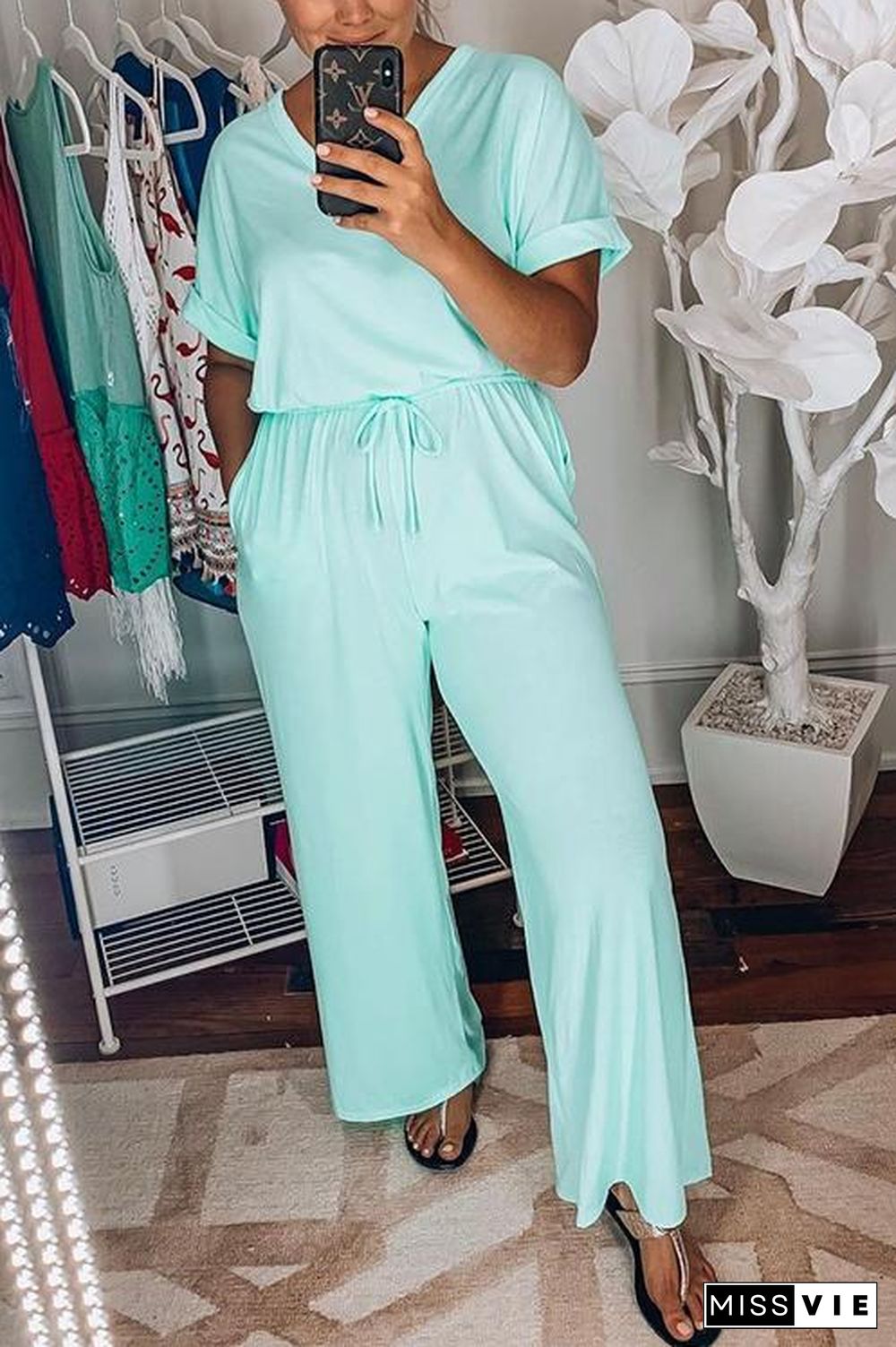 Solid O Neck Drawstring Jumpsuit