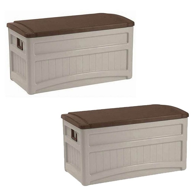 Suncast 73 Gallon Outdoor Patio Resin Deck Storage Box W Wheels Taupe 2 Pack