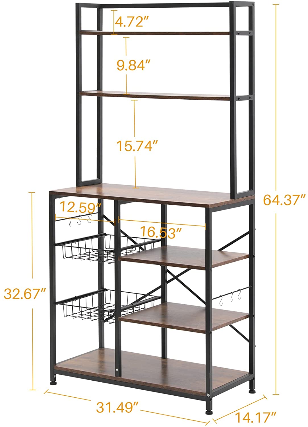 Yoleny 6-Tier Kitchen Baker's Rack， Microwave Oven Stand， Free Standing Utility Storage Shelf for Kitchen， Living Room， Brown