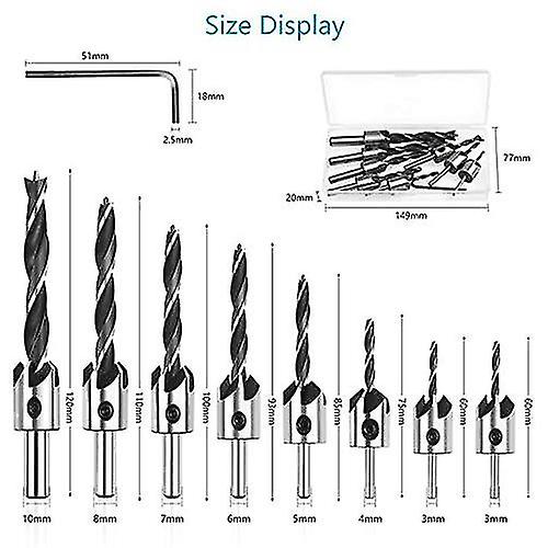 9 Pcs Countersink Drill Bit  Woodworking Chamfer Counter Bit Set 3/4/5/6/7/8/10mm Steel Carpentry Reamer With Hex Wrench For Plastic Wood Diy Wood