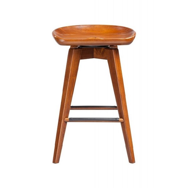 Contoured Seat Wooden Swivel Counter Stool with Angled Legs， Walnut Brown