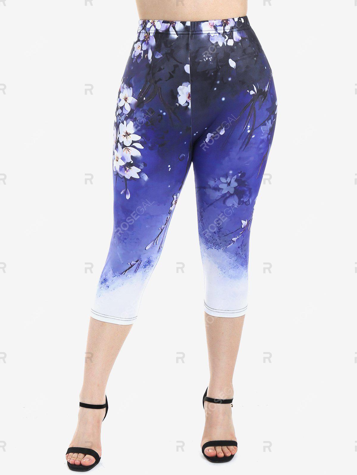 Floral Print Tee and High Waist Capri Leggings Plus Size Outfit