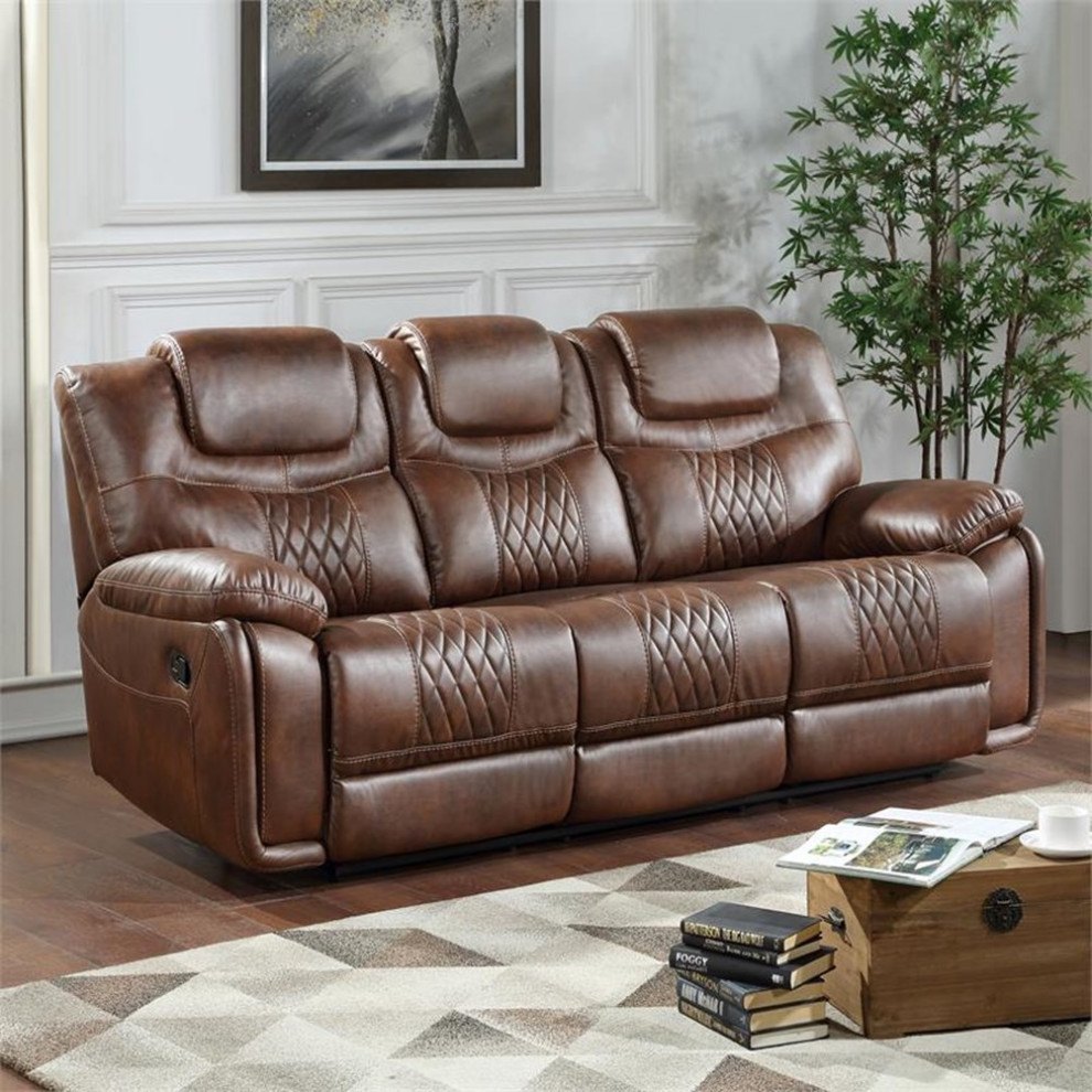 Bowery Hill Transitional Faux Leather Recliner Sofa in Cherry Finish   Contemporary   Sofas   by Homesquare  Houzz