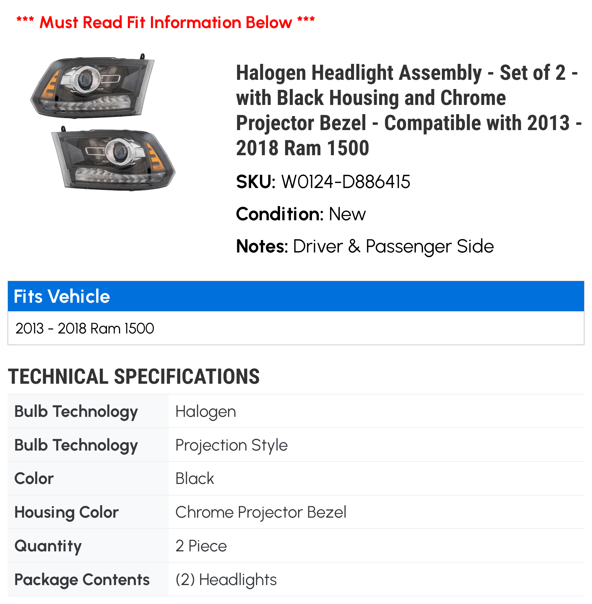 Halogen Headlight Assembly - Set of 2 - with Black Housing and Chrome Projector Bezel - Compatible with 2013 - 2018 Ram 1500 2014 2015 2016 2017