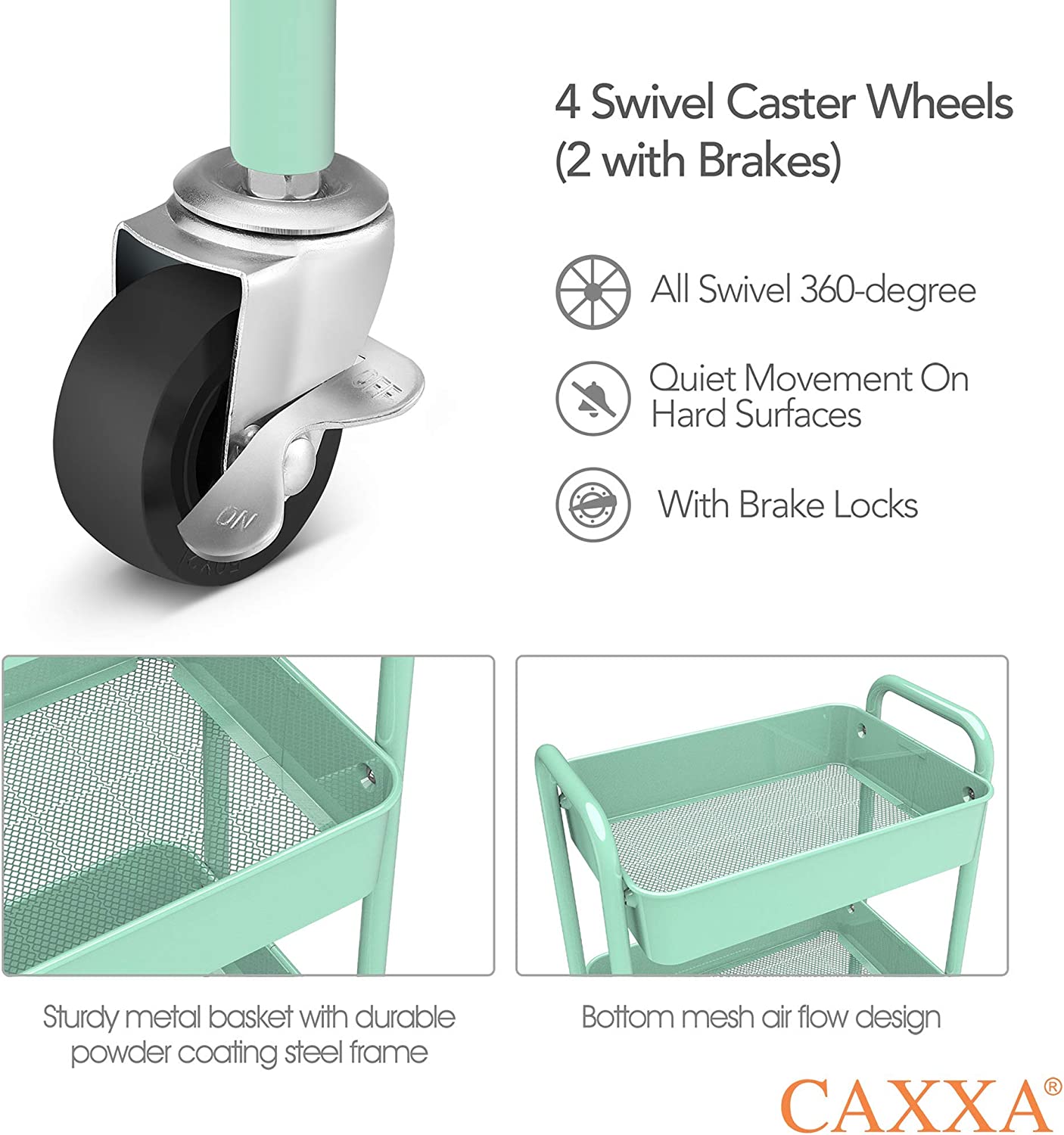 CAXXA 3-Tier Rolling Metal Storage Organizer - Mobile Utility Cart， Kitchen Cart with Caster Wheels (Aqua Green)