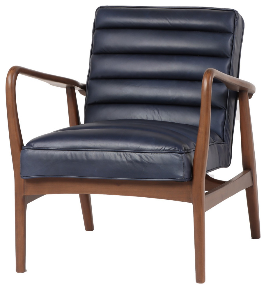 Benzara BM284913 Accent Armchair  Channel Tufted Genuine Leather  Indigo  Brown   Midcentury   Armchairs And Accent Chairs   by Uber Bazaar  Houzz