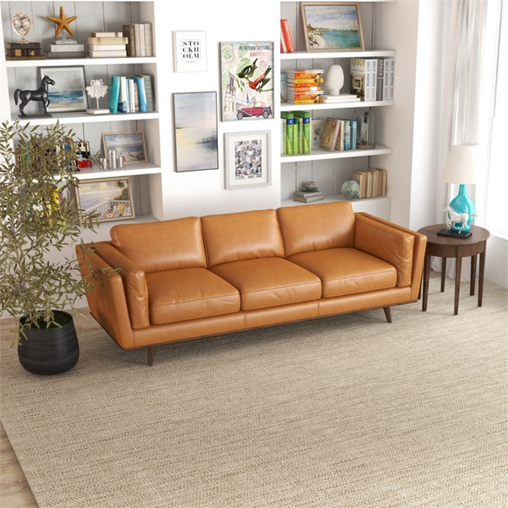 Sienna Mid Century Cushion Back Genuine Leather Upholstered Sofa in Tan   Midcentury   Sofas   by Homesquare  Houzz