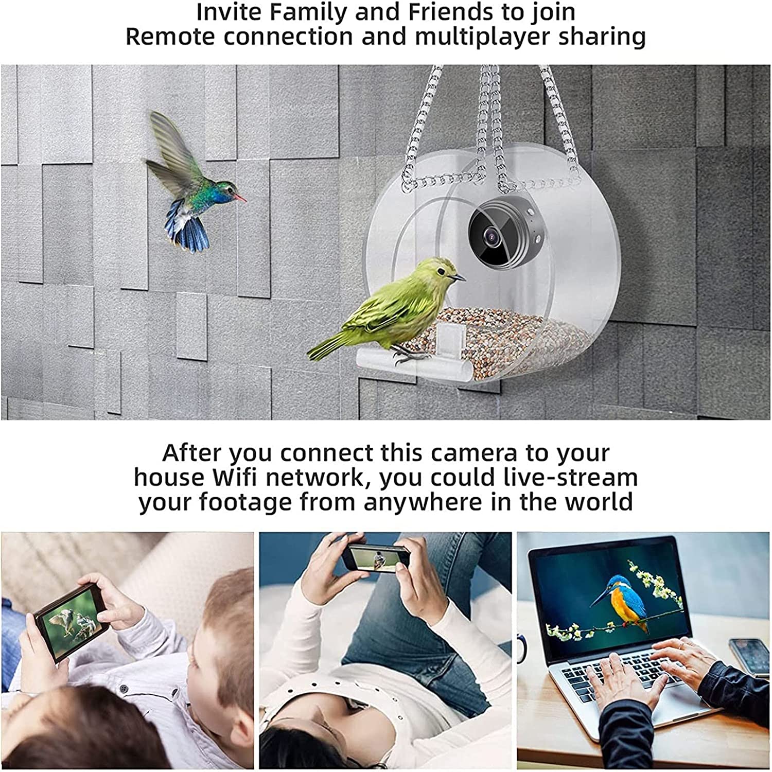 Bird Feeder with Camera HD 1080P Night Version Camera WiFi Remote Connection to Mobile Phone for Family， Outdoor Bird Watching Photos Bird Lovers