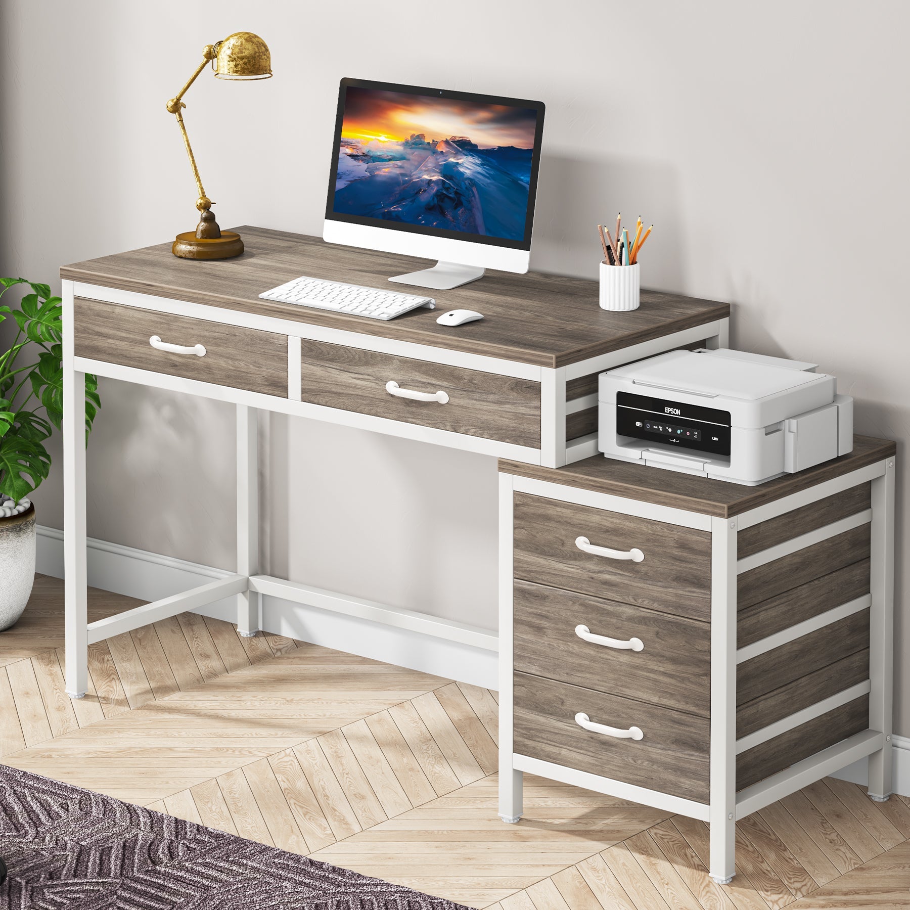 5-Drawer Computer Desk, Study Writing Table with Reversible Drawer Cabinet