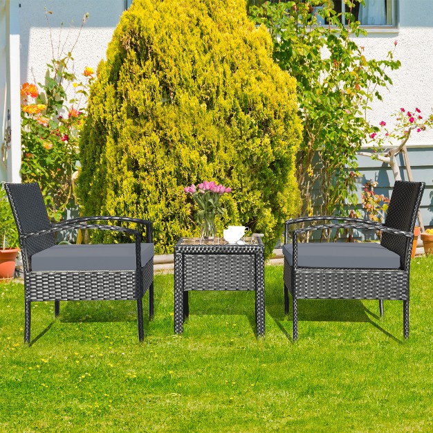 Tangkula 3 Pieces Patio Set Outdoor Wicker Rattan Furniture W Cushions Gray