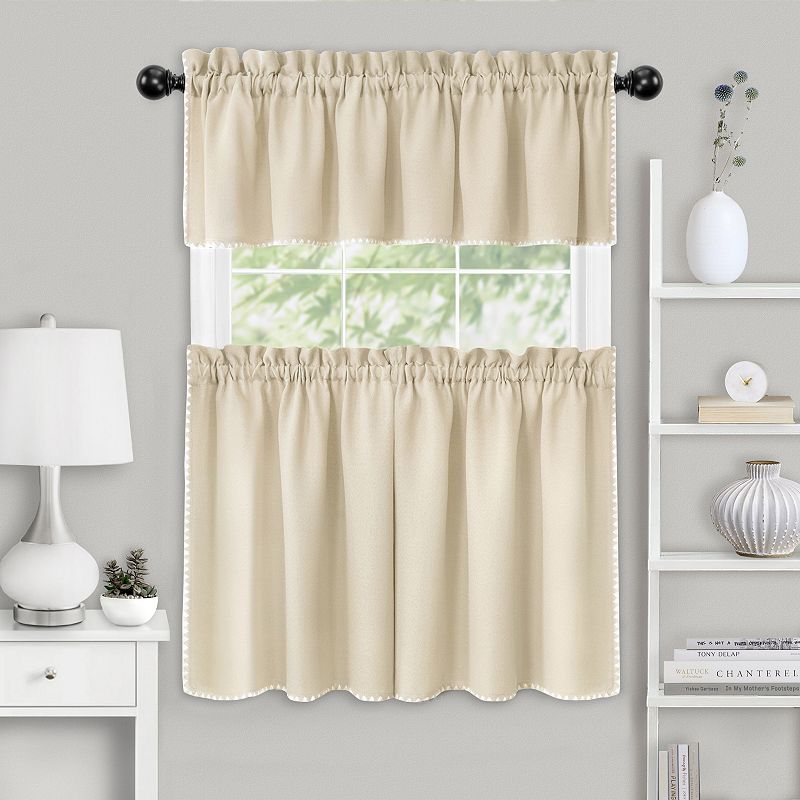 Kate Aurora Coastal Hamptons Living Complete 3 Piece Textured Kitchen Curtain Tier and Valance Set