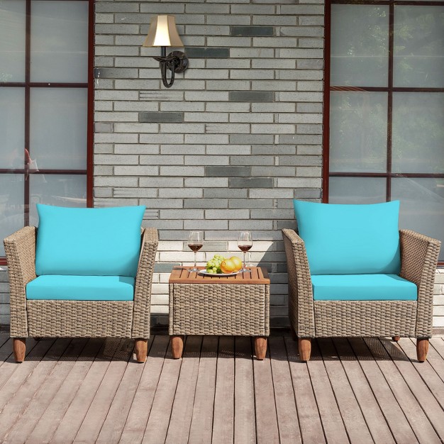 Tangkula 3 Piece Outdoor Rattan Sofa Set Wicker Conversation Furniture Set With Cushions