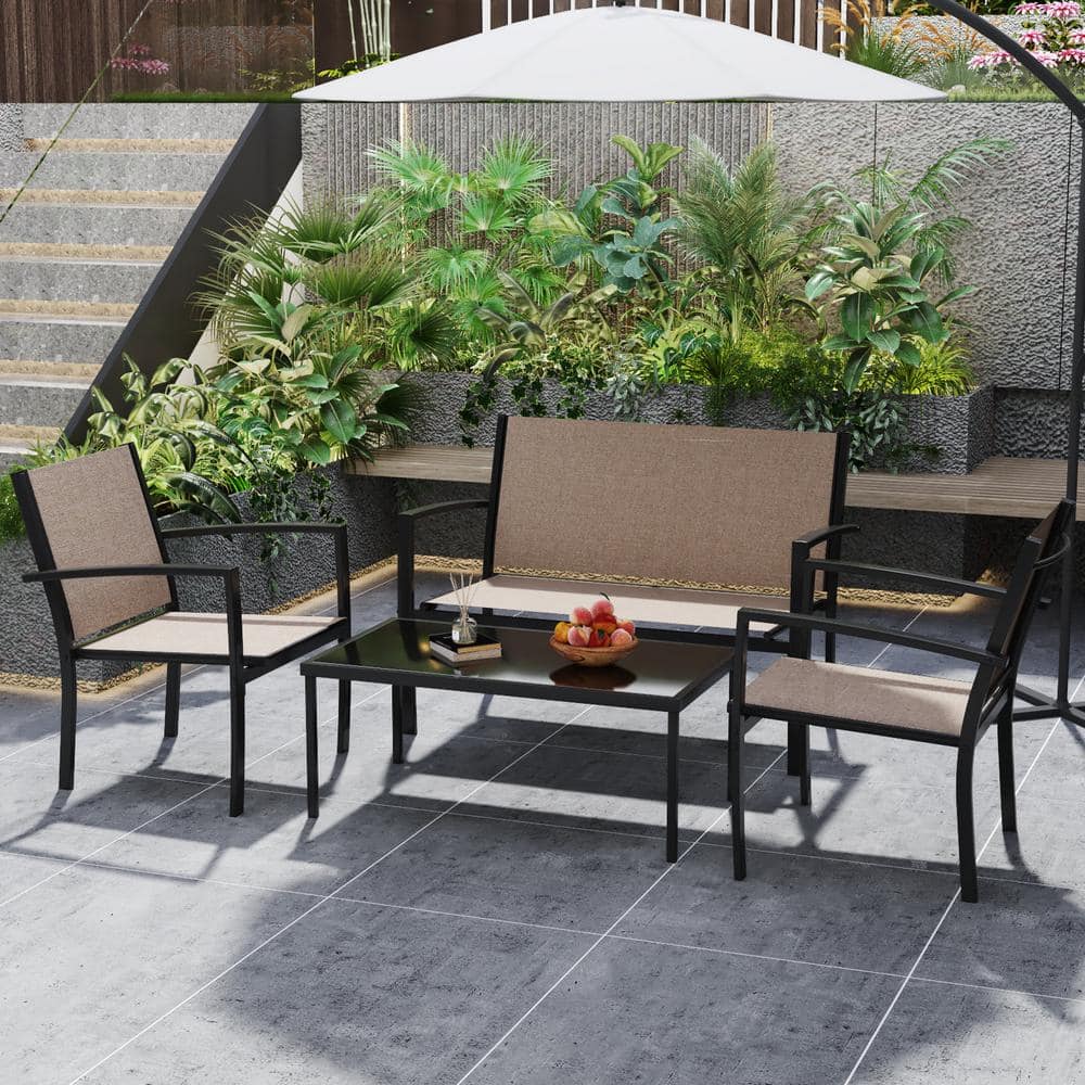 Tozey Brown 4-Piece Metal Outdoor Bistro Set Patio Conversation Set Glass Coffee Table T-LCT901D8