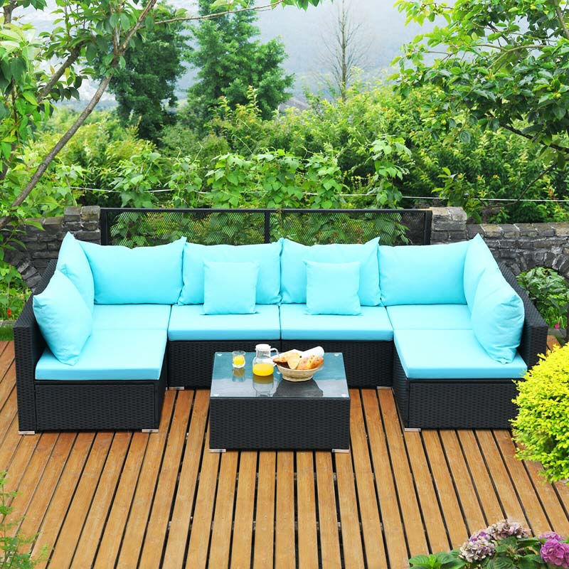 7 Pcs Rattan Patio Furniture Sectional Sofa Set Outdoor Wicker Conversation Set with Back & Seat Cushions Pillows