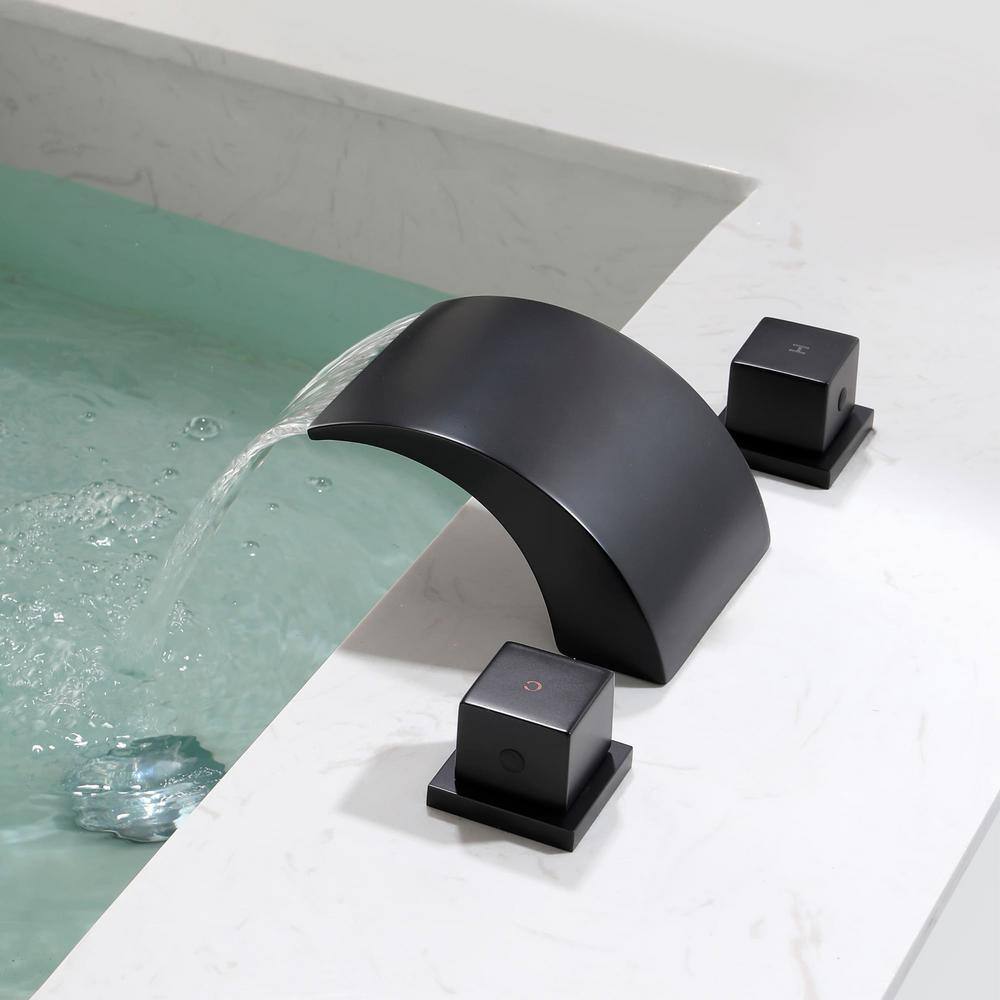 FLG 2-Handle Tub Deck Mount Roman Tub Faucet Brass Waterfall Bathtub Filler in Matte Black SS-0073-MB