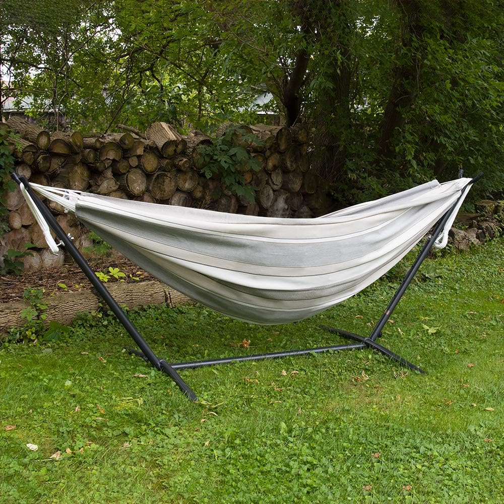 Double Cotton Hammock with Space Saving Steel Stand, Tropical (450 lb Capacity - Premium Carry Bag Included)